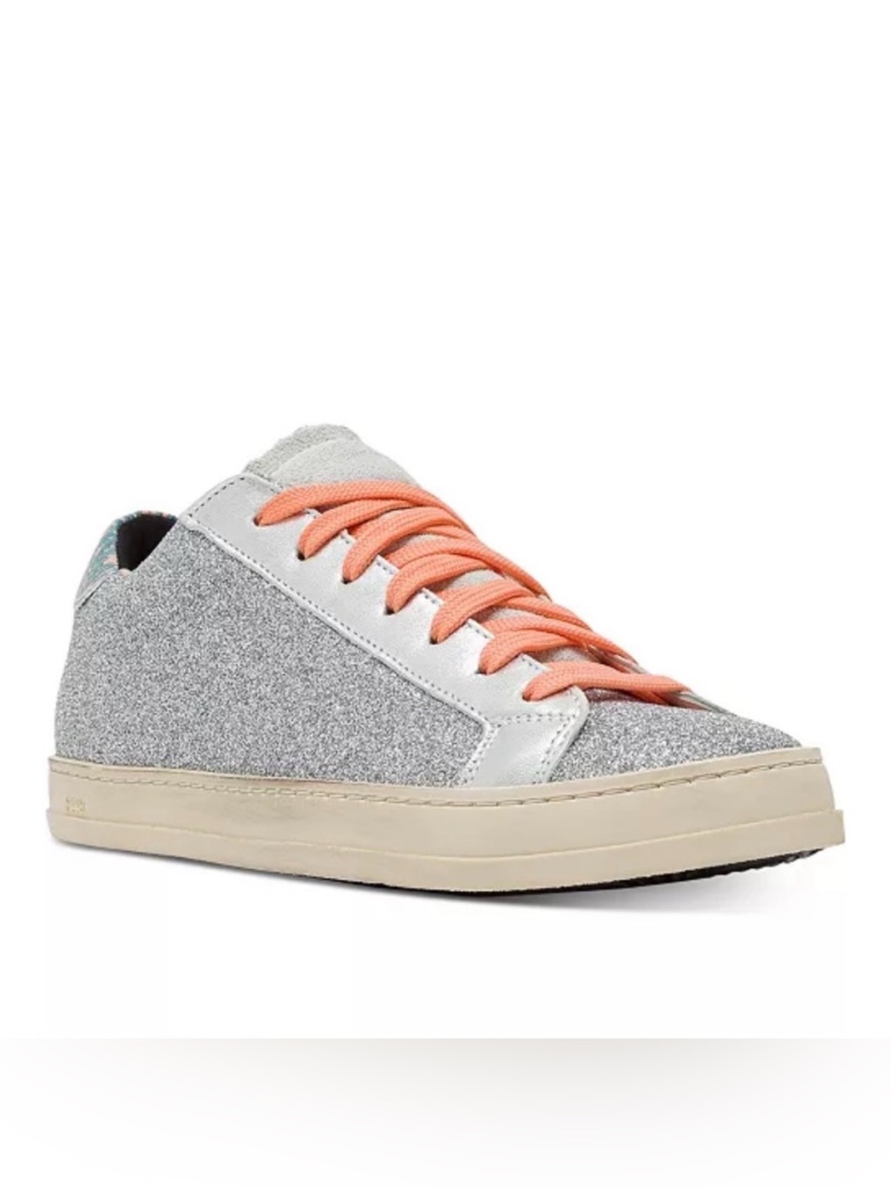 P448Women's John Lace Up Low Top-Silver Glitter Low-Top Sneakers with Coral Lace